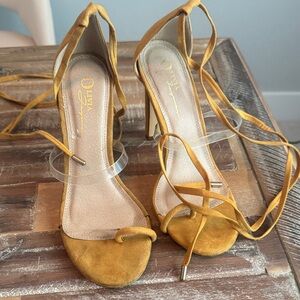 Olivia Miller Mustard Suede Lace-Up Heeled Sandals with Clear Strap